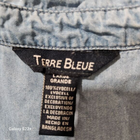 Terre Blue Sleevless Chambray Mini Dress Womens SZ L Embroidered Prairie Western - Picture 2 of 5